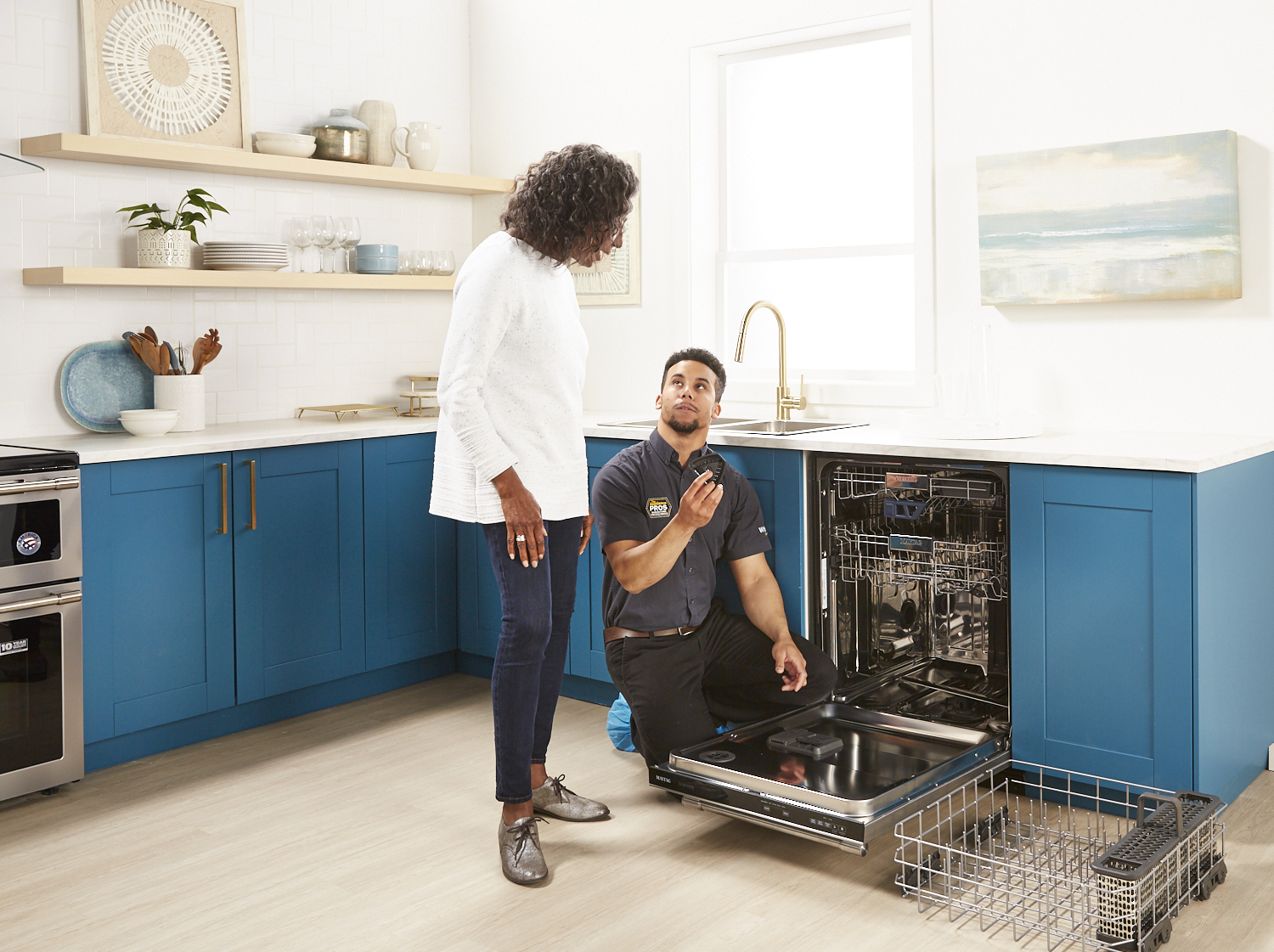 appliance technician explaining a dishwasher repair or fix