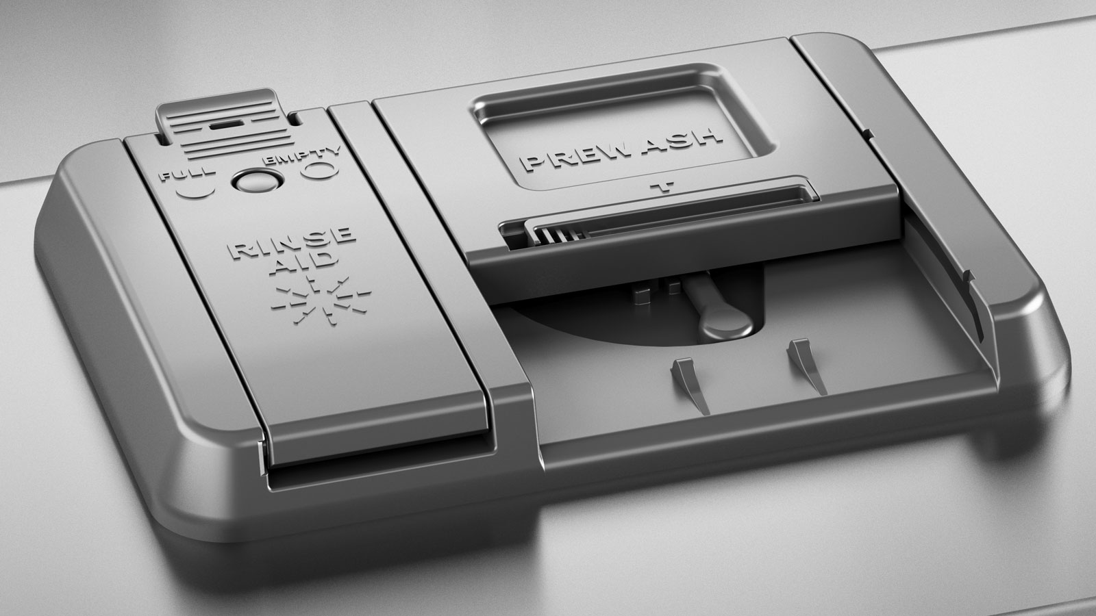 The detergent dispenser in a dishwasher. There's a compartment for "RINSE AID" and another for "PREWASH".