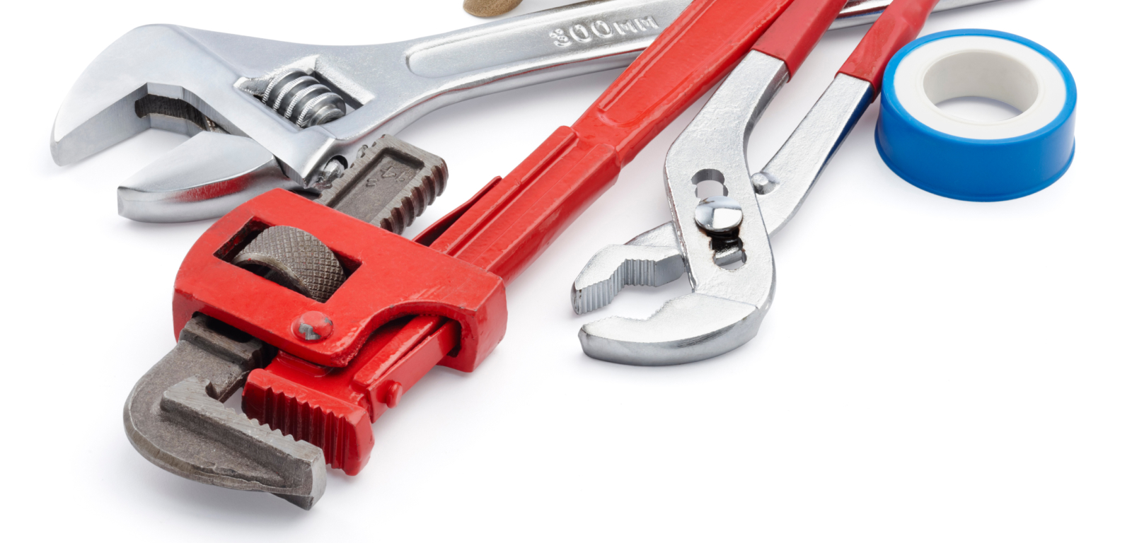 A fitting, three types of wrenches, and plumber's tape.